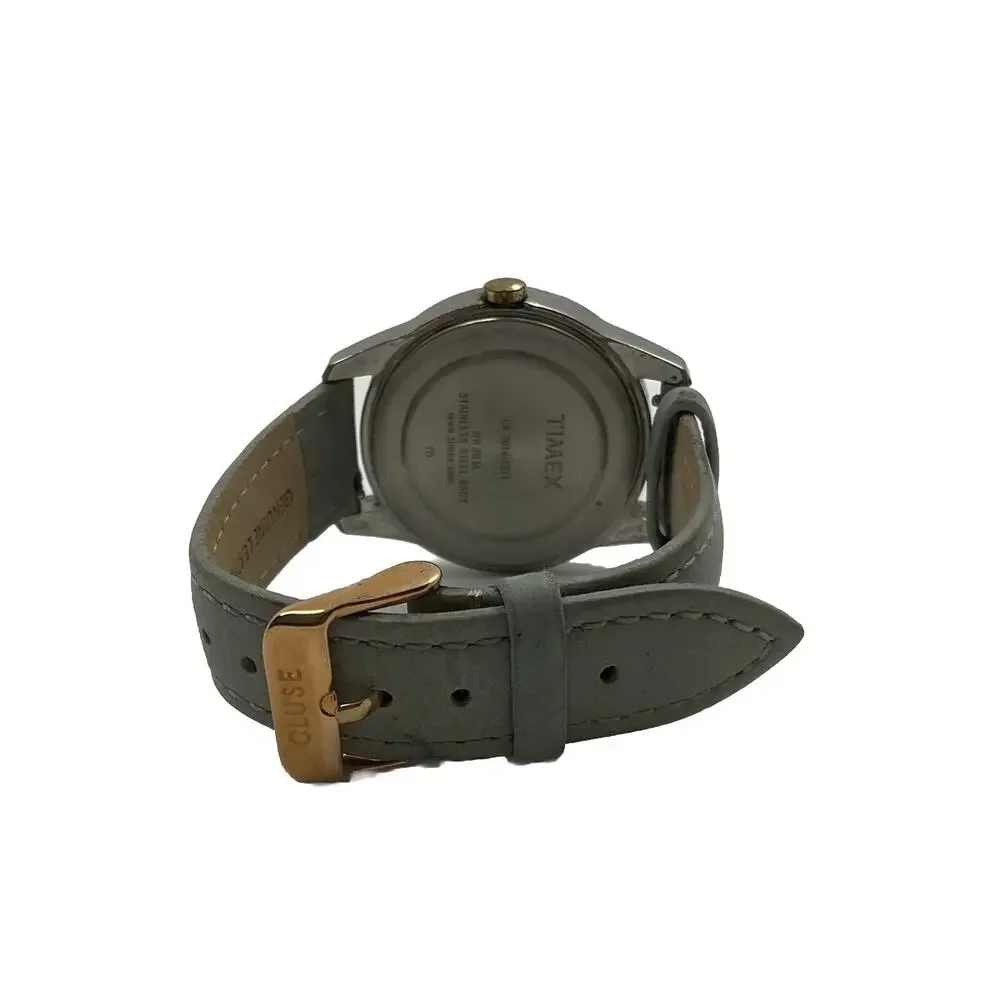 Timex Woman’s South Street Watch 36mm Silver Tone Day Date New Battery Leather